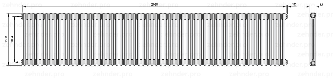 Схема (чертеж) Радиатор Zehnder Charleston 2110/60 №1270 Белый глянцевый RAL 9016